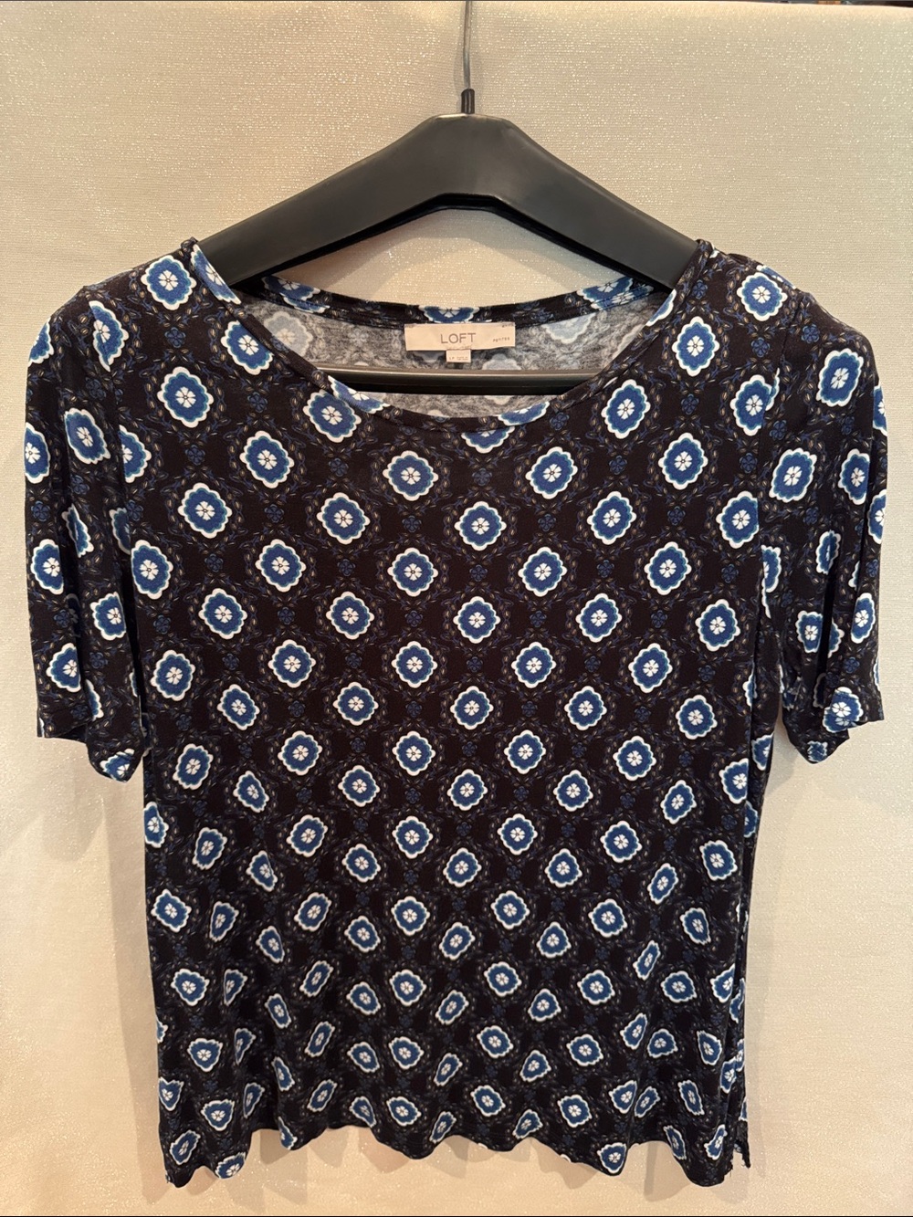 LOFT Black Short Sleeve Top with Blue Medallion Print